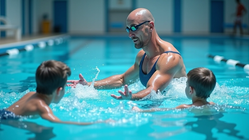 مدرب يوضح تقنية الدولفين الصحيحة لمجموعة من السباحين الشباب في المسبح